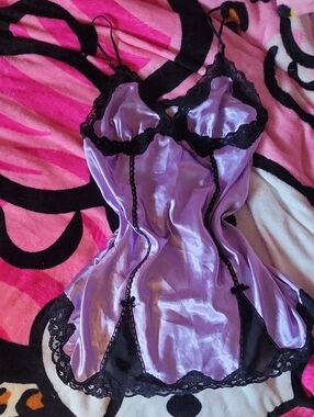 La SENZA Lavender Satin Chemise with Black Lace Trim